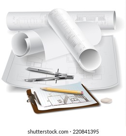 Architectural background with drawing tools and rolls of drawings. Vector clip-art