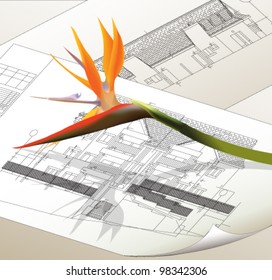 Architectural background with a flower. Vector Clip-art