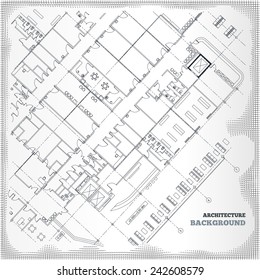 Architectural background. Gray building plan silhouette on white vintage background. Vector illustration.