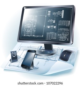 Architectural background with a monitor, office tools and rolls of drawings. Vector clip-art