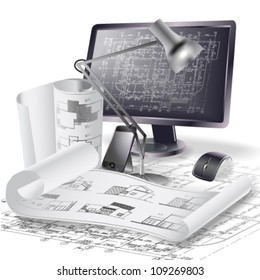 Architectural background with a monitor and rolls of drawings. Vector clip-art