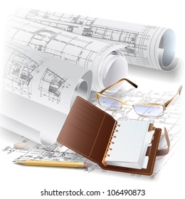 Architectural background with a notebook, glasses and rolls of drawings. Vector clip-art