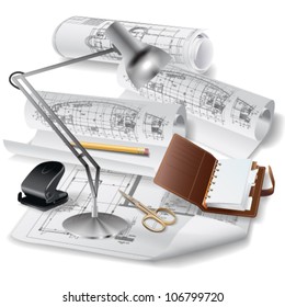 Architectural background with a notebook, lamp and rolls of drawings. Vector clip-art