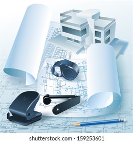 Architectural background with office tools and a 3D building model. Part of architectural project, architectural plan, technical project, construction plan 