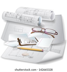 Architectural background with office tools and rolls of drawings. Vector illustration