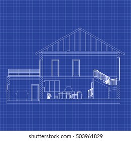 Architectural background on graph paper. Cross-section suburban house. Vector blueprint.