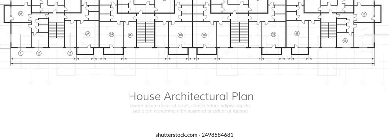 Architectural background. Part of house and apartments architectural project, blueprint. Engineering design of floor plan and apartment layout. Vector background in technical drawing style.