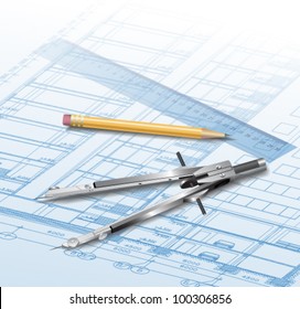 Architectural background. Part of architectural project, architectural plan, technical project, drawing technical letters, architect at work, Architecture planning on paper, construction plan