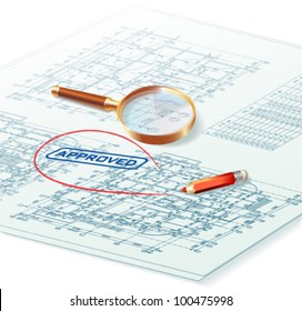 Architectural background. Part of architectural project, architectural plan, technical project, drawing technical letters, architect at work, Architecture planning on paper, construction plan