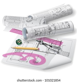 Architectural background. Part of architectural project, architectural plan, technical project, drawing technical letters, architect at work, Architecture planning on paper, construction plan