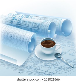 Architectural background. Part of architectural project, architectural plan, technical project, drawing technical letters, architect at work, Architecture planning on paper, construction plan