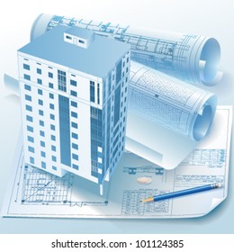 Architectural background. Part of architectural project, architectural plan, technical project, drawing technical letters, architect at work, Architecture planning on paper, construction plan