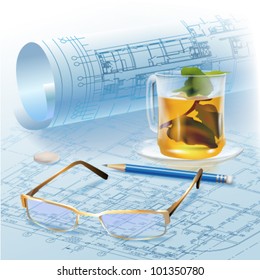 Architectural background. Part of architectural project, architectural plan, technical project, drawing technical letters, architect at work, Architecture planning on paper, construction plan