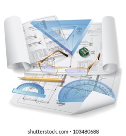 Architectural background. Part of architectural project, architectural plan, technical project, drawing technical letters, architect at work, architecture planning on paper, construction plan