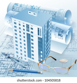 Architectural background. Part of architectural project, architectural plan, technical project, drawing technical letters, architect at work, Architecture planning on paper, construction plan