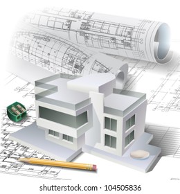 Architectural background. Part of architectural project, architectural plan, technical project, drawing technical letters, architect at work, Architecture planning on paper, construction plan