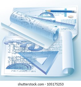 Architectural background. Part of architectural project, architectural plan, technical project, drawing technical letters, architect at work, architecture planning on paper, construction plan