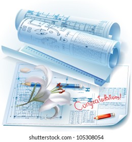Architectural background. Part of architectural project, architectural plan, technical project, drawing technical letters, architect at work, architecture planning on paper, construction plan