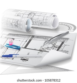 Architectural background. Part of architectural project, architectural plan, technical project, drawing technical letters, architect at work, architecture planning on paper, construction plan