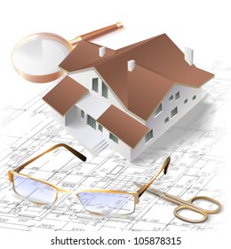 Architectural background. Part of architectural project, architectural plan, technical project, drawing technical letters, architect at work, architecture planning on paper, construction plan