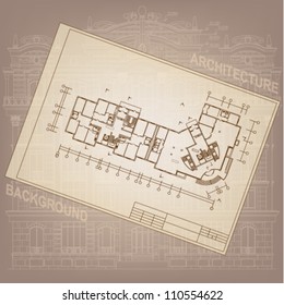 Architectural background. Part of architectural project, architectural plan, technical project, drawing technical letters, architecture planning on paper, construction plan