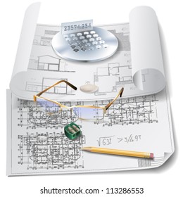 Architectural background. Part of architectural project, architectural plan, technical project, drawing technical letters, architect at work, architecture planning on paper, construction plan