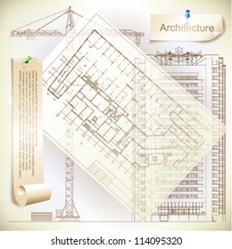 Architectural background. Part of architectural project, architectural plan, technical project, drawing technical letters, architecture planning on paper, construction plan