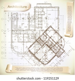 Architectural background. Part of architectural project, architectural plan, technical project, drawing technical letters, architecture planning on paper, construction plan
