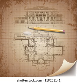 Architectural background. Part of architectural project, architectural plan, technical project, drawing technical letters, architecture planning on paper, construction plan