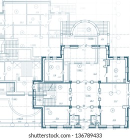 Architectural background. Part of architectural project, architectural plan, technical project, drawing technical letters, architecture planning on paper, construction plan