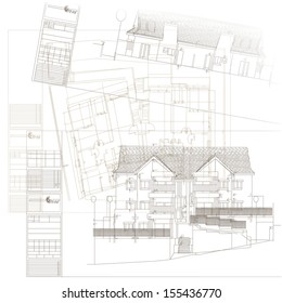 Architectural background. Part of architectural project, architectural plan, technical project, drawing technical letters, architecture planning on paper, construction plan