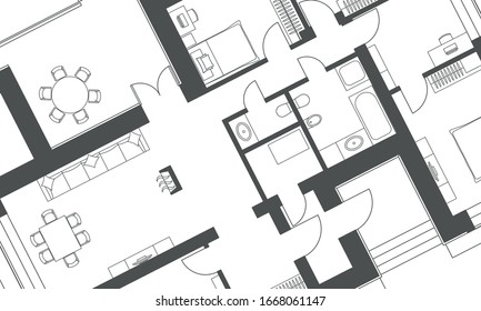 Architectural background. Part of architectural project, architectural plan of a residential building. Black and white vector illustration EPS10