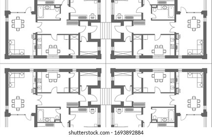 Architectural background. Part of architectural project, architectural plan of a residential building. Black and white vector illustration EPS10