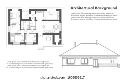 Architectural background. Part of architectural project, architectural plan and facade of a residential building. Black and white vector