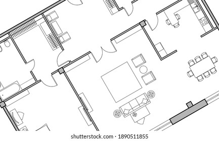 Architectural background. Part of architectural project, architectural plan of the apartment. Black and white vector illustration EPS10