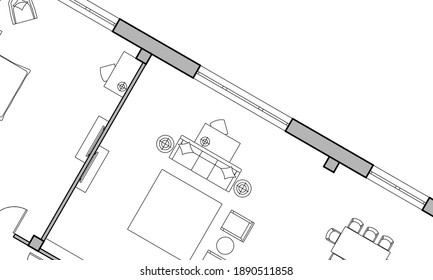 Architectural background. Part of architectural project, architectural plan of the apartment. Black and white vector illustration EPS10