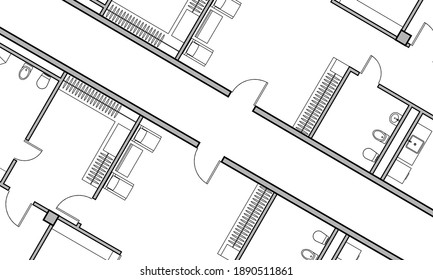 Architectural background. Part of architectural project, architectural plan of the apartment. Black and white vector illustration EPS10