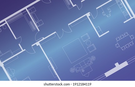 Architectural background. Part of architectural project, architectural plan of the apartment. Blue vector illustration EPS10.