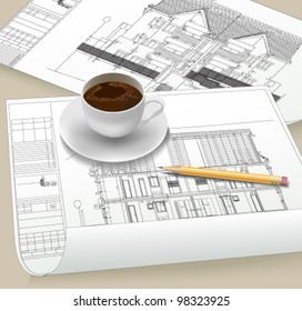 Architectural background.	 Part of architectural project, architectural plan, technical project, drawing technical letters, architect at work, Architecture design on paper, construction plan