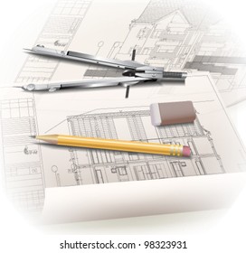 Architectural background.	 Part of architectural project, architectural plan, technical project, drawing technical letters, architect at work, Architecture planning on paper, construction plan