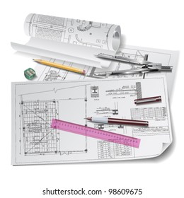 Architectural background. Part of architectural project, architectural plan, technical project, drawing technical letters, architect at work, Architecture planning on paper, construction plan