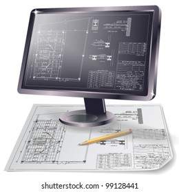 Architectural background. Part of architectural project, architectural plan, technical project, drawing technical letters, architect at work, Architecture planning on paper, construction plan