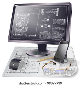 Architectural background. Part of architectural project, architectural plan, technical project, drawing technical letters, architect at work, Architecture planning on paper, construction plan