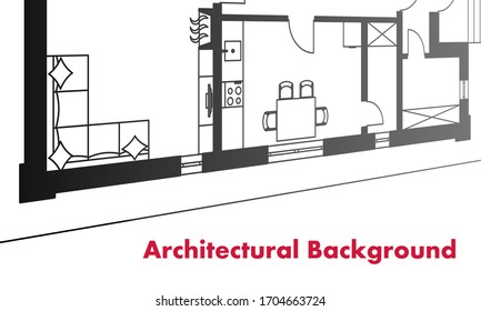 Architectural background. Architectural plan of a residential building. The drawing of the cottage. Black and white vector illustration EPS10