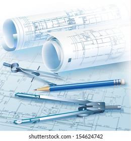 Architectural background with rolls of drawings and drawing tools for your business site. Vector illustration