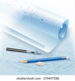 Architectural background with rolls of drawings and drawing tools for your business site. Vector illustration