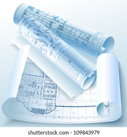 Architectural background with rolls of drawings. Vector clip-art