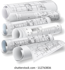 Architectural background with rolls of drawings. Vector clip-art
