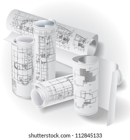 Architectural background with rolls of drawings. Vector clip-art