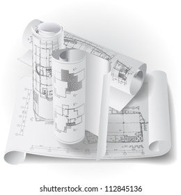 Architectural background with rolls of drawings. Vector clip-art